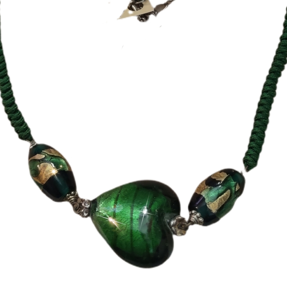 Green Lampwork Glass Heart Cord Necklace